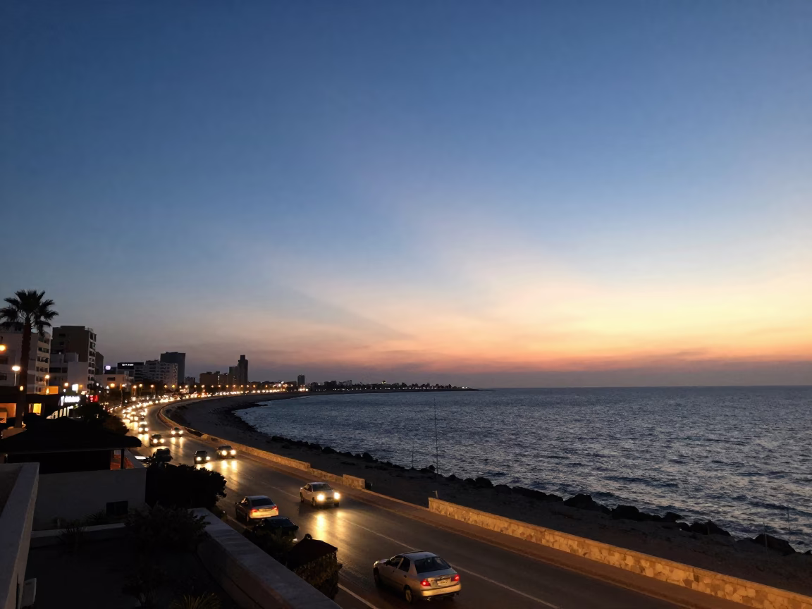 Twilight on Coastal Road And Mediterranean Sea in Alexandria in in Alexandria, Egypt