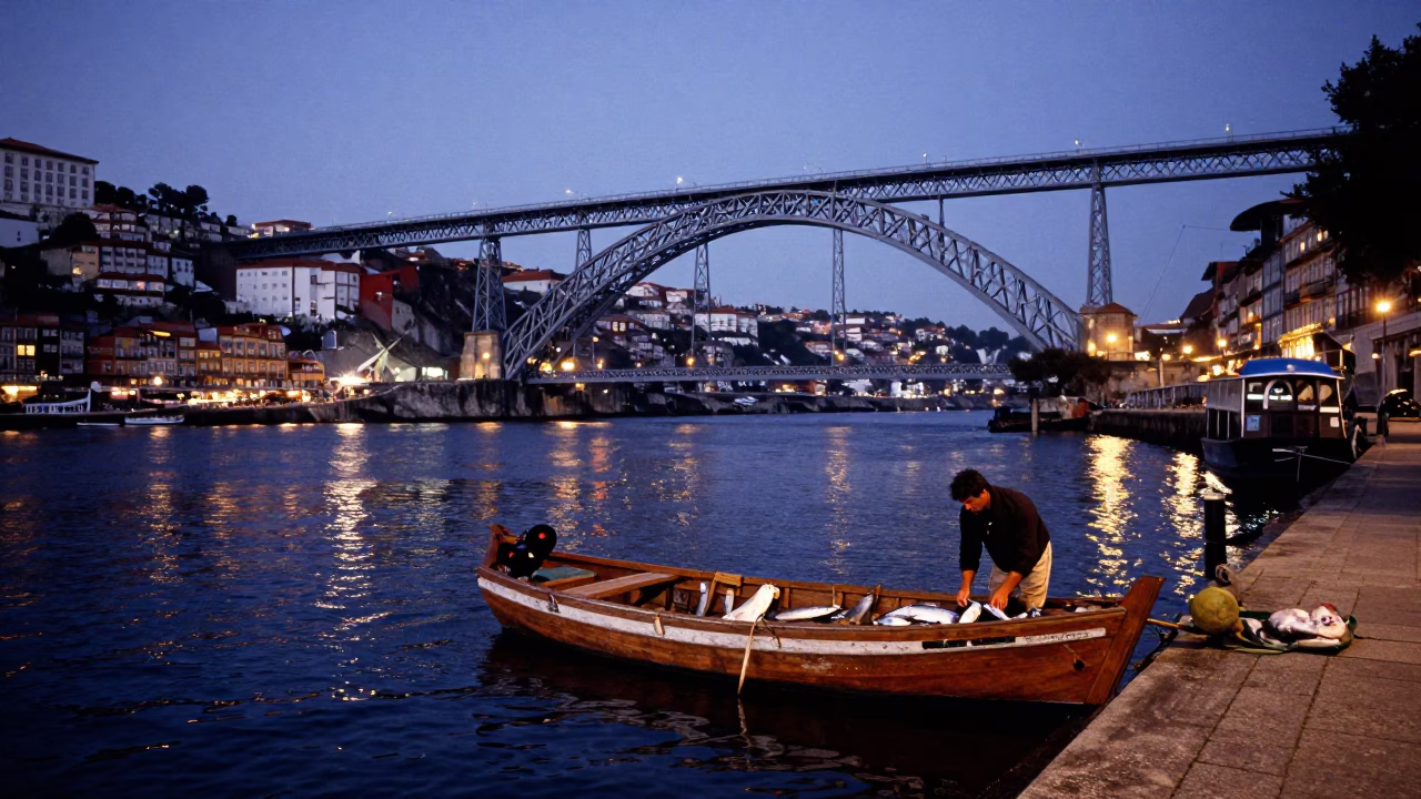 Twilight on Douro River Bridge And Traditional Fishing Boat Docked in Porto in in Porto, Portugal
