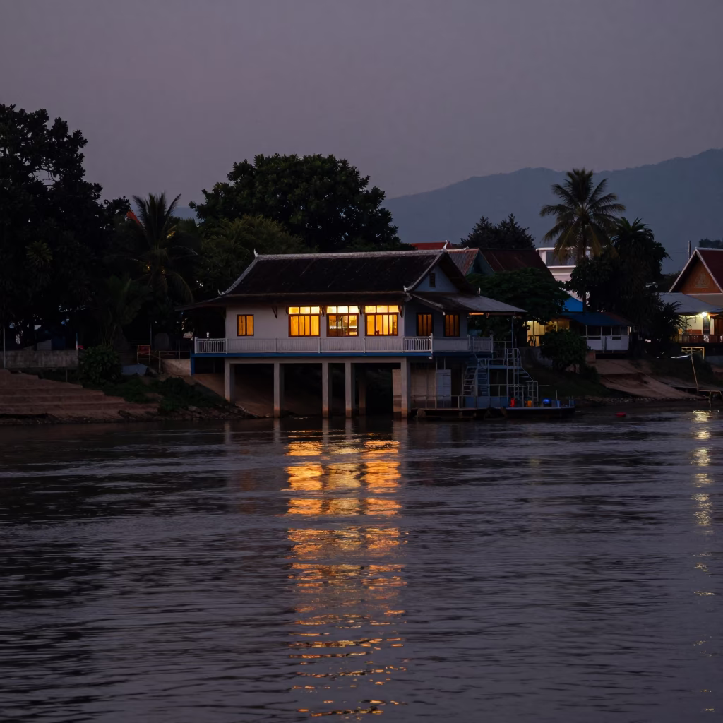 Twilight on Glowing Levee Pump House Window Reflecting in Luang Prabang in in Luang Prabang, Laos