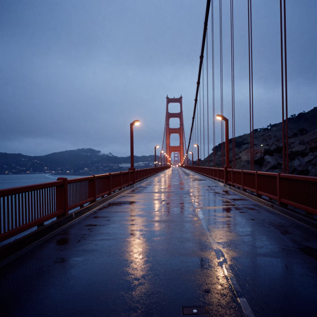 Twilight on Golden Gate Bridge Suspension Deck After Storm in San Francisco in in San Francisco, California, United States