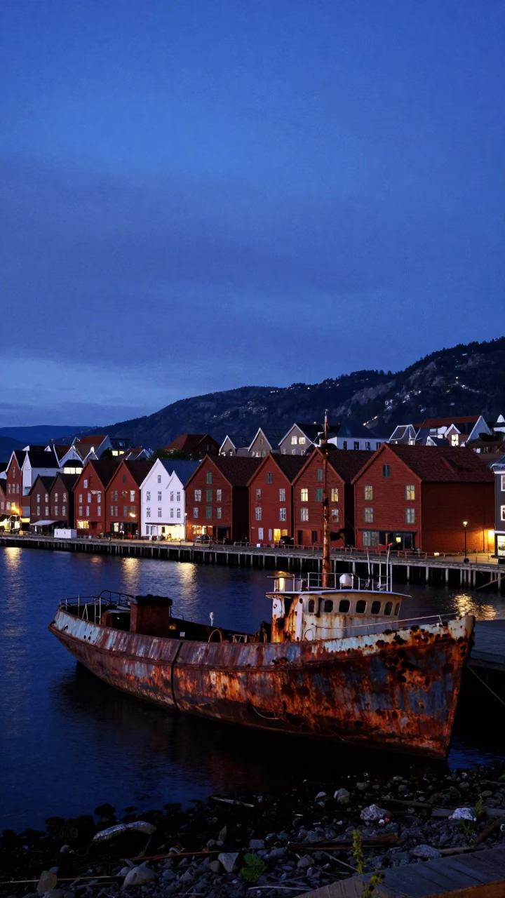 Twilight on Harbor Scene in Bergen in in Bergen, Norway