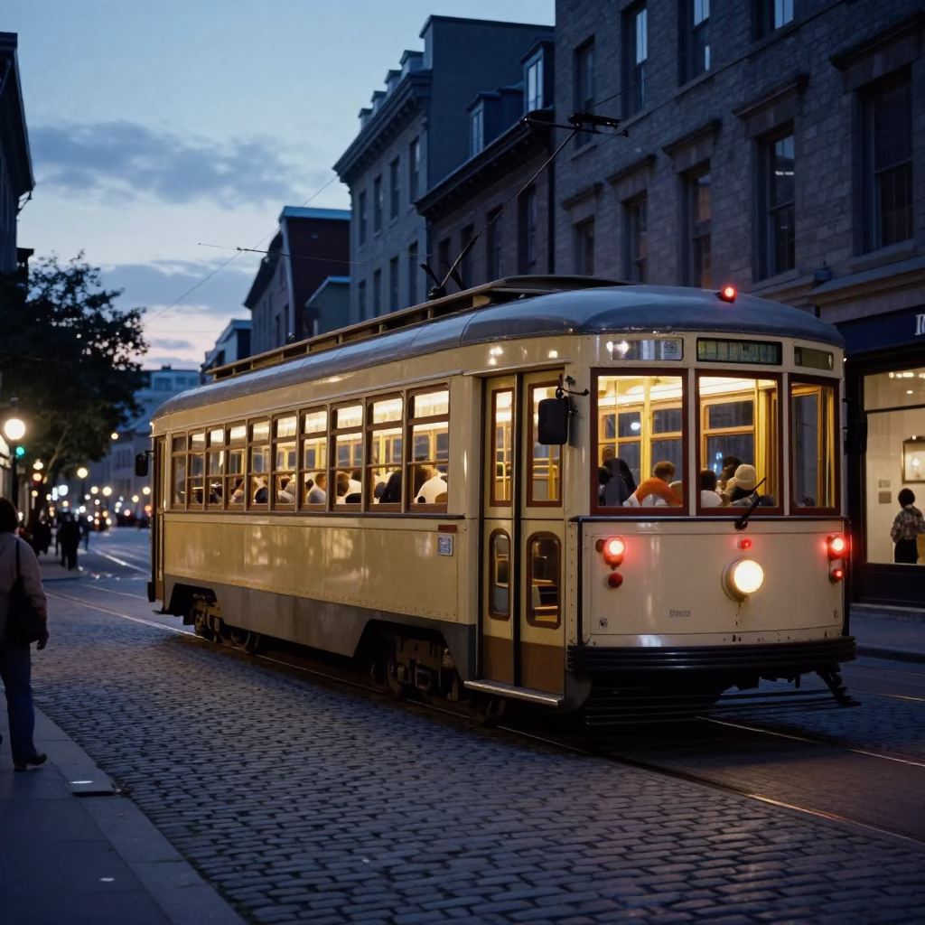Twilight on Heritage Tram in Montreal in in Montreal, Quebec, Canada
