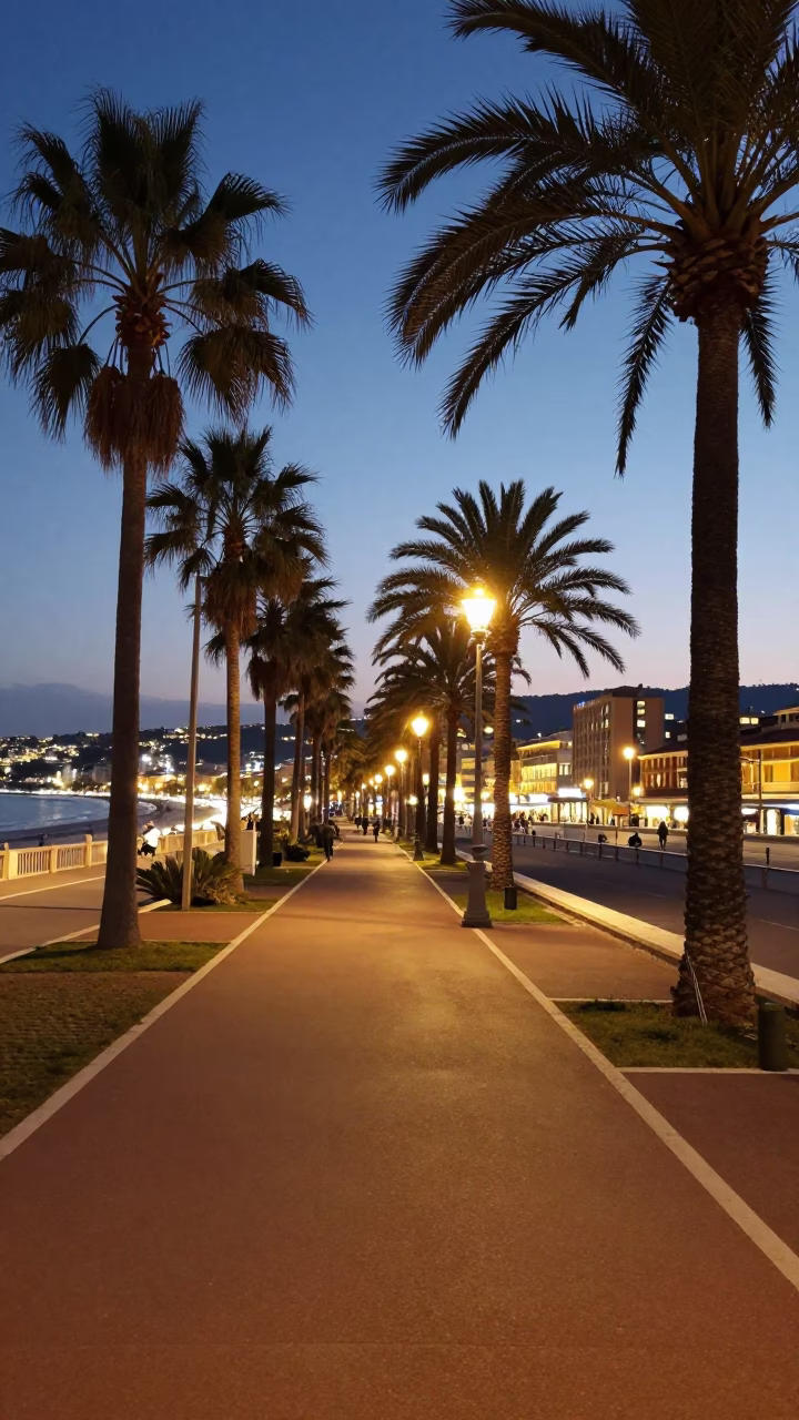 Twilight on Promenade des Anglais with Palm Avenue and Local Dining in Nice France in in Nice, France