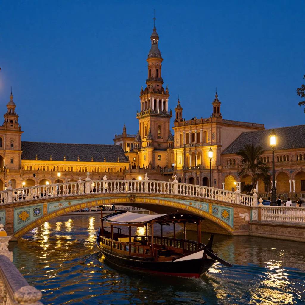 Twilight on Punt Boat in Seville in in Seville, Spain
