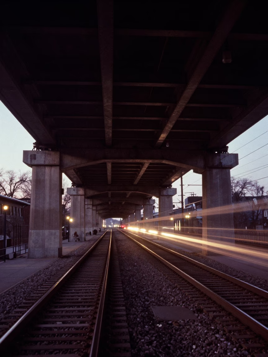 Twilight on Railway Bridge Underpass in Toronto in in Toronto, Ontario, Canada