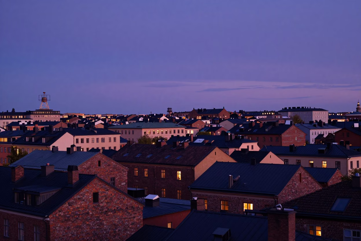 Twilight on Södermalm Rooftops And Distant Weather Radar Installation in Stockholm in in Stockholm, Sweden