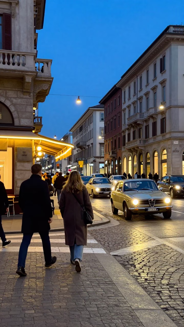 Twilight on Street Scene in Milan in in Milan, Italy