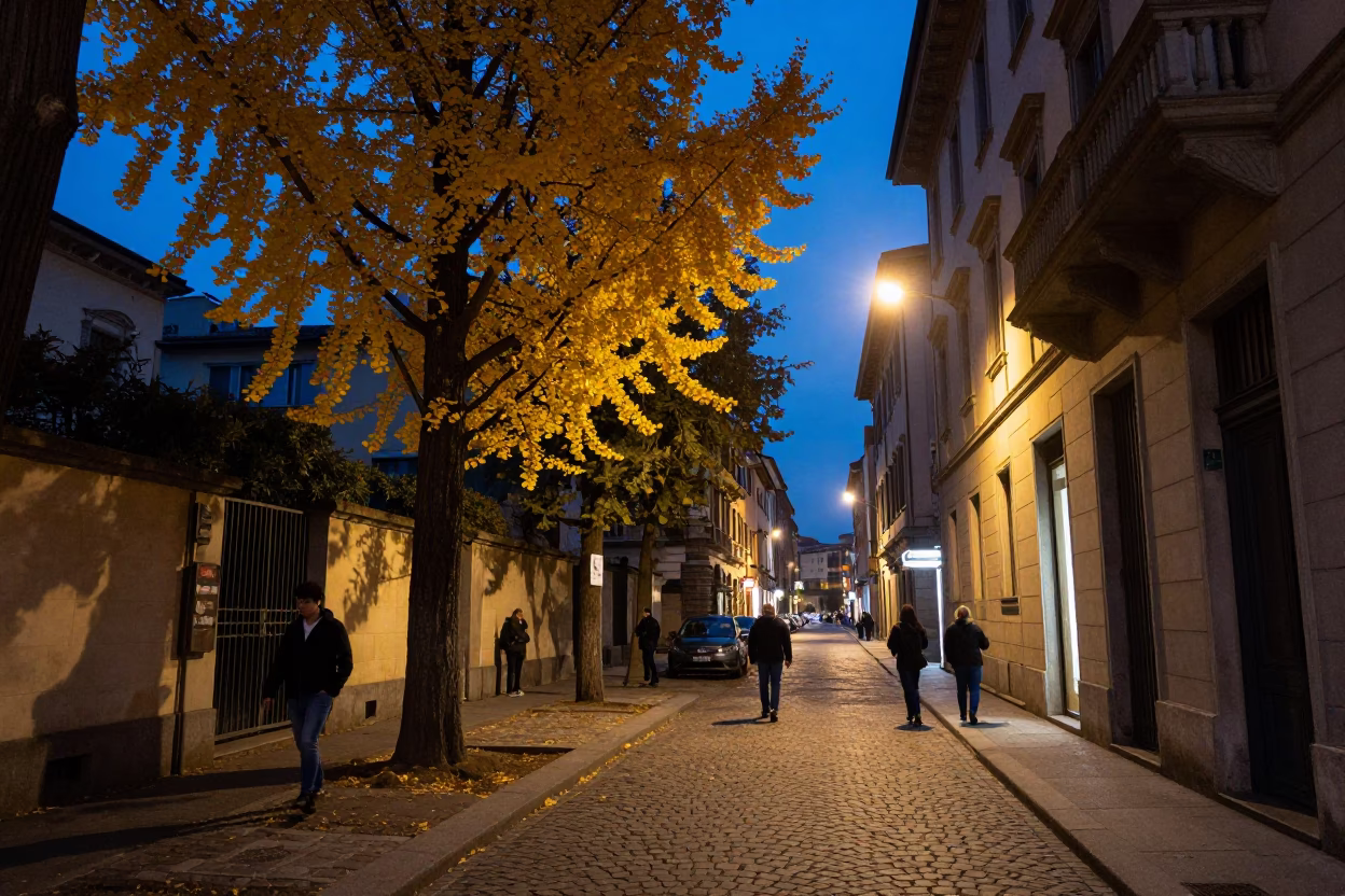 Twilight on Street Scene in Milan in in Milan, Italy