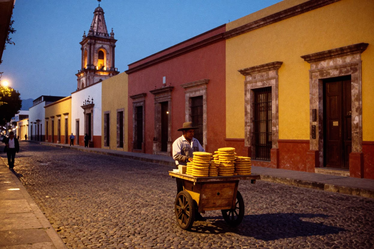 Twilight on Street Scene in Oaxaca in in Oaxaca, Mexico
