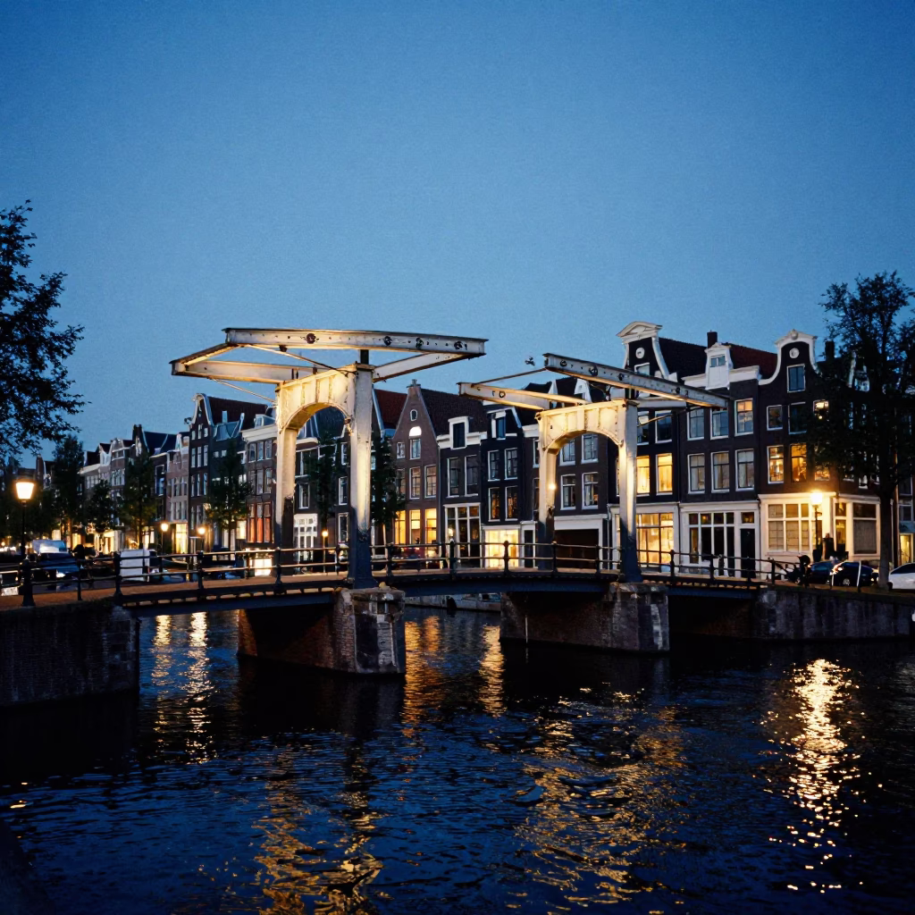 Twilight on Twilight Drawbridge in Amsterdam in in Amsterdam, Netherlands