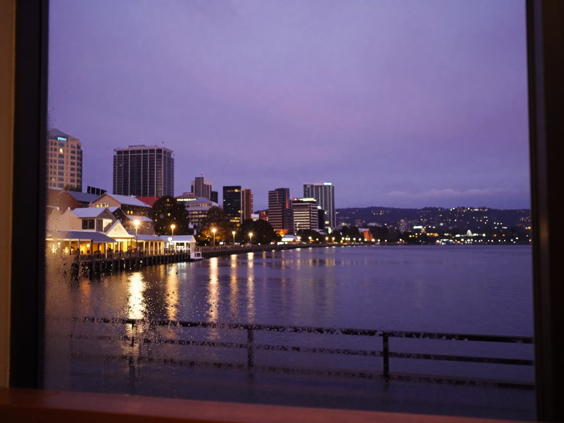Twilight on Waterfront And Mount Wellington From Salamanca Place in Hobart in in Hobart, Tasmania, Australia