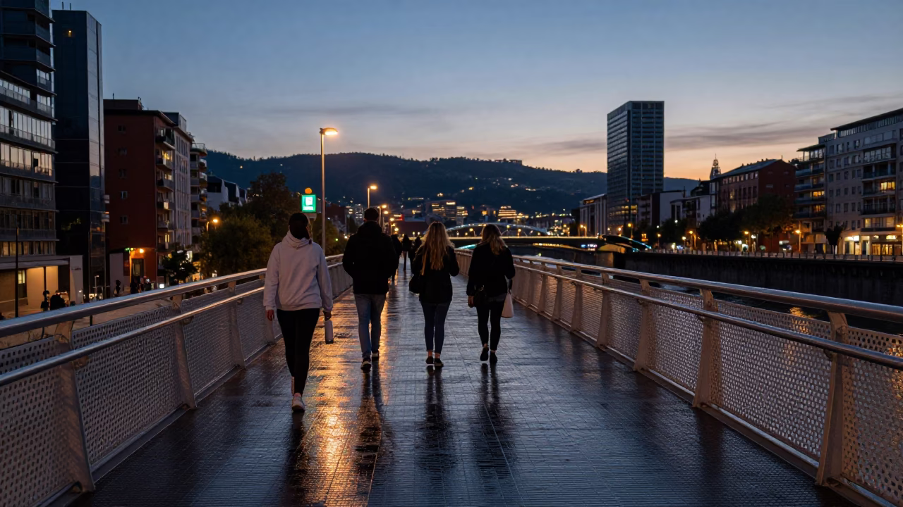 Twilight on Wet Footsteps in Bilbao in in Bilbao, Spain