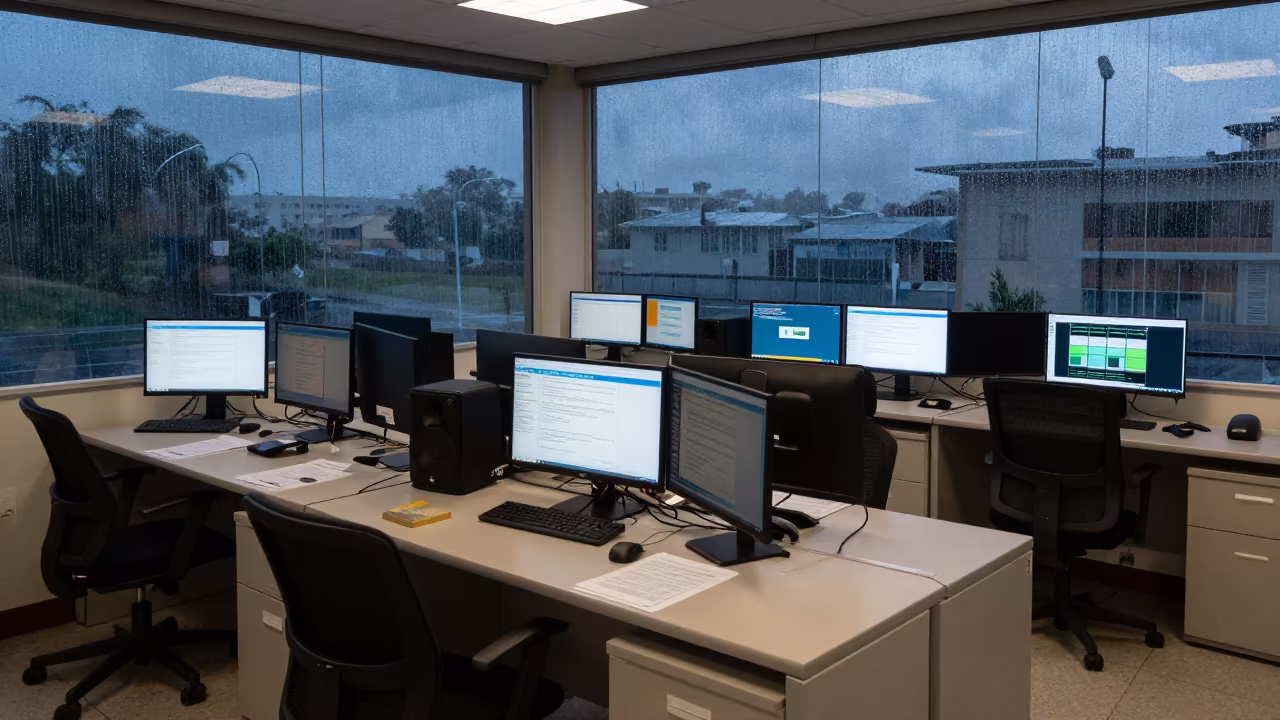 Twilight Operations Desk Cluster Campinas in in an operations center under monitor glow near Campinas