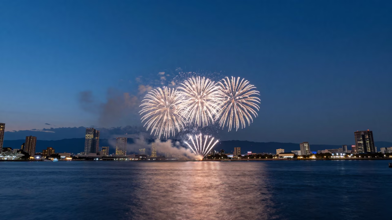 Twilight Osaka Harbor Fireworks Over Waterfront with City Lights in in Osaka, Japan