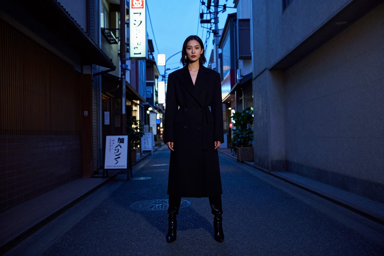 Twilight Osaka Street Fashion Model in Neon Alleyway Holding Gold Bar and Rubber Stamp in in Osaka, Japan