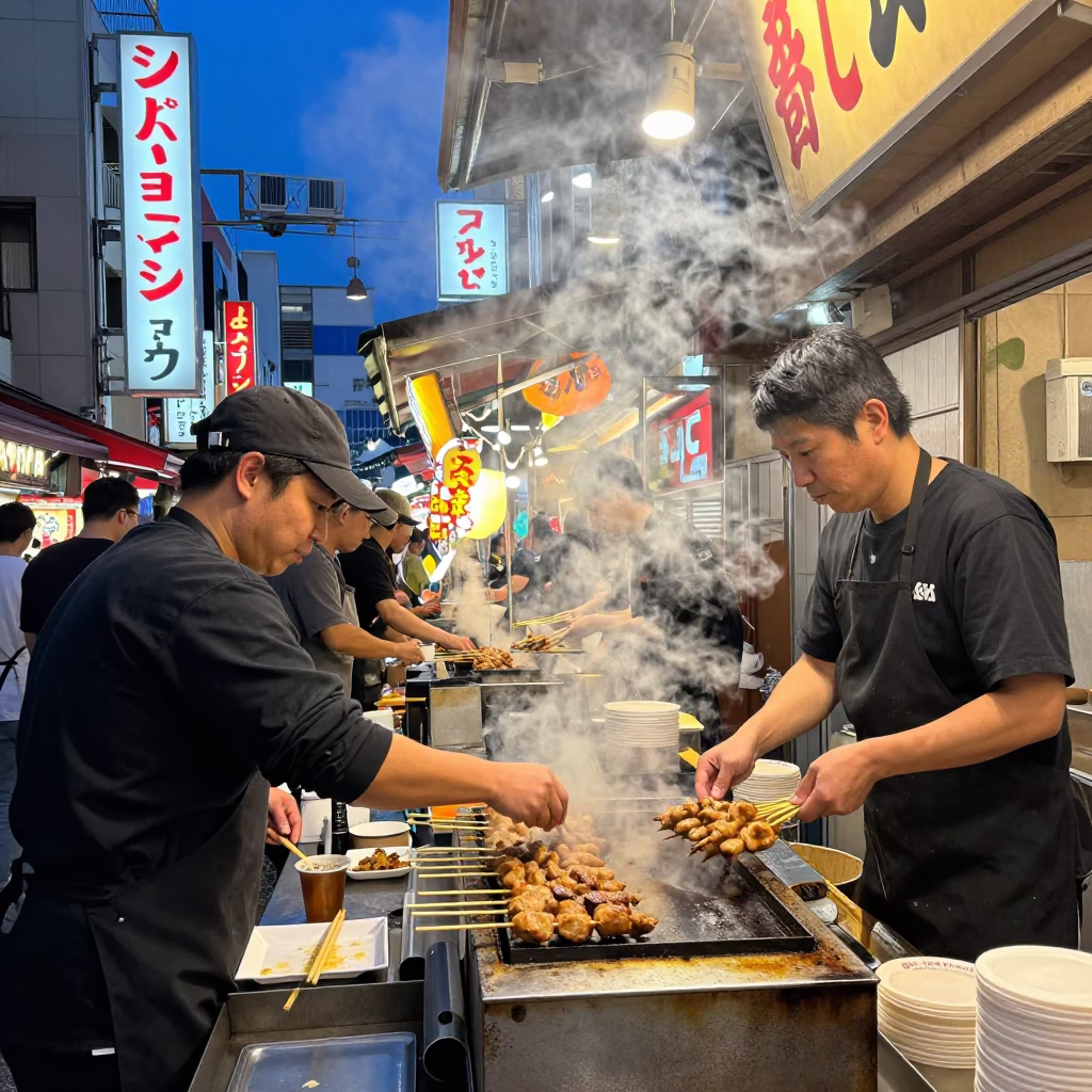 Twilight Osaka Street Food Stall Steam Haze and Grilled Peppers in in Osaka, Japan