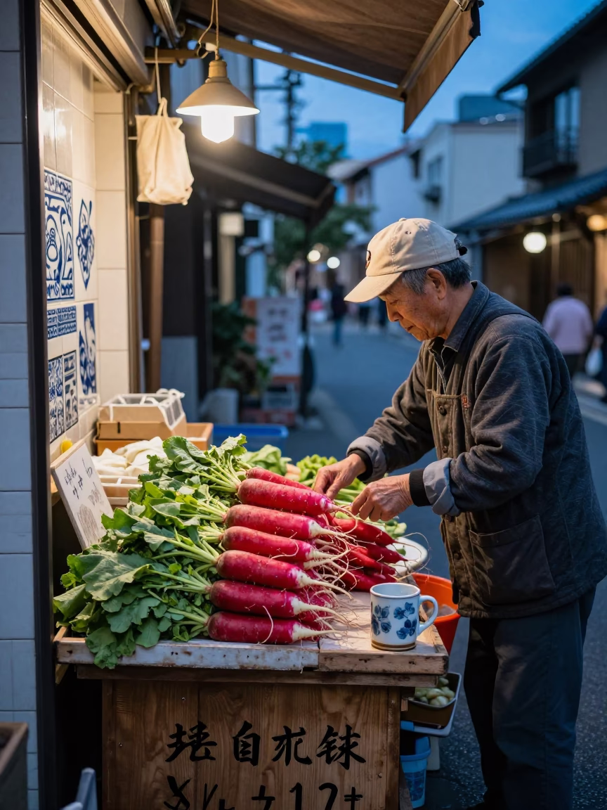 Twilight Osaka Street Scene with Ceramic Tiles and Radishes in in Osaka, Japan