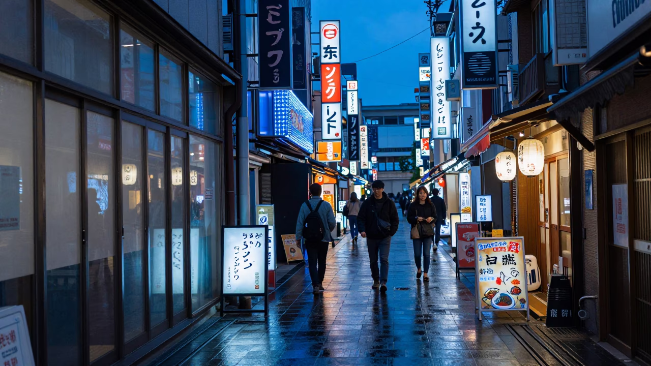 Twilight Osaka Street Scene with Neon Lights and Glass Tumbler in in Osaka, Japan