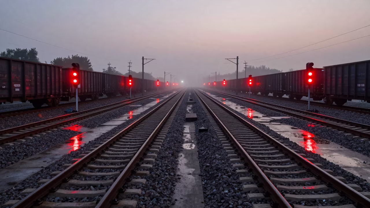 Twilight Overpass Above Wet Steel Freight Yard in across a windy overpass interchange in Sichuan
