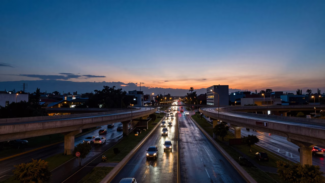 Twilight Overpass Interchange in Guadalajara Mexico with Glowing Taillights After Rain in in Guadalajara, Mexico