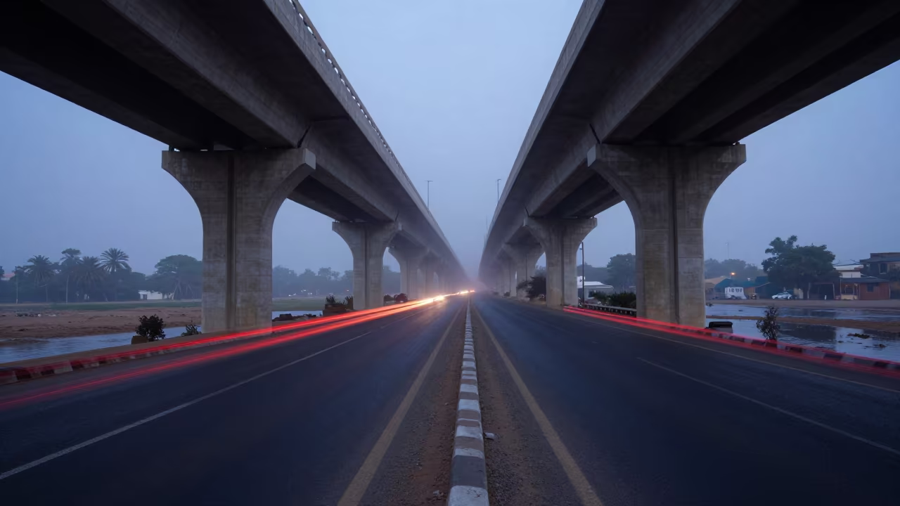 Twilight Overpass Lane Split Near Niamey in along a levee path above floodwater near Niamey