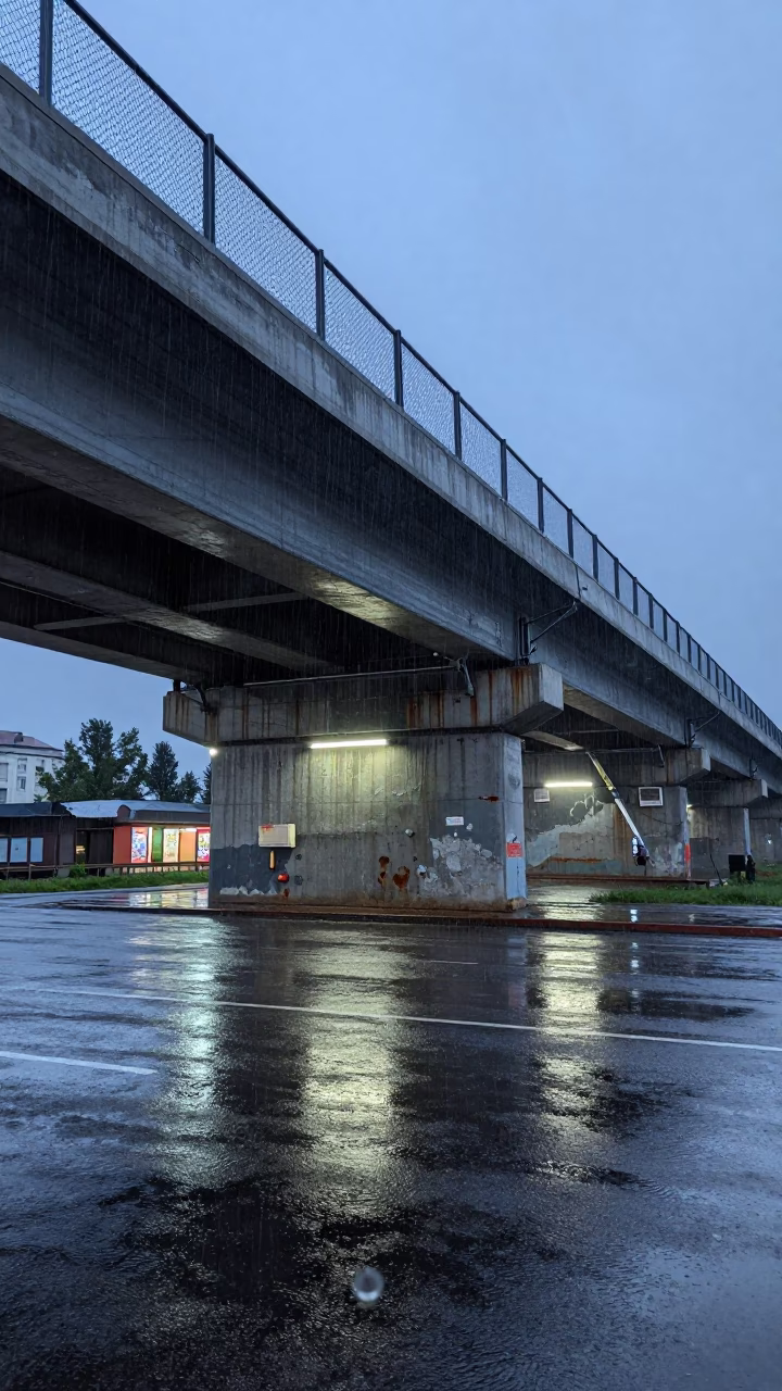 Twilight Overpass Rain Astana Chain Link in outside a fluorescent convenience store in Astana