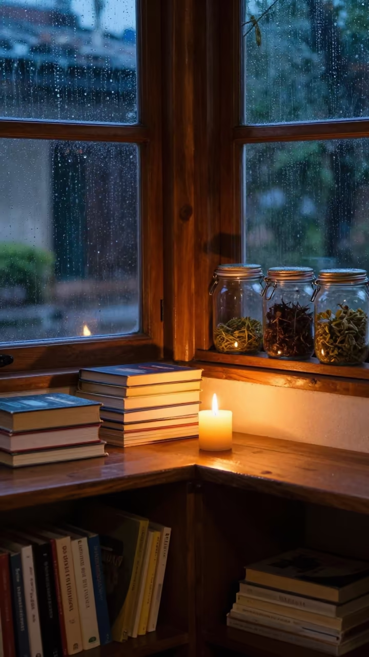 Twilight Pantry Corner Candlelight Books Rain in in a breakfast nook near Puebla