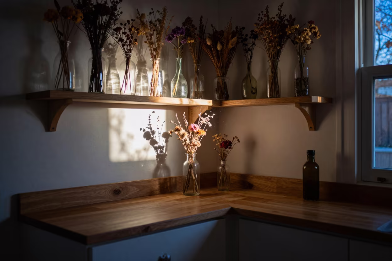 Twilight Pantry Corner with Neon Reflections and Dust in in a breakfast nook in Puerto Madryn