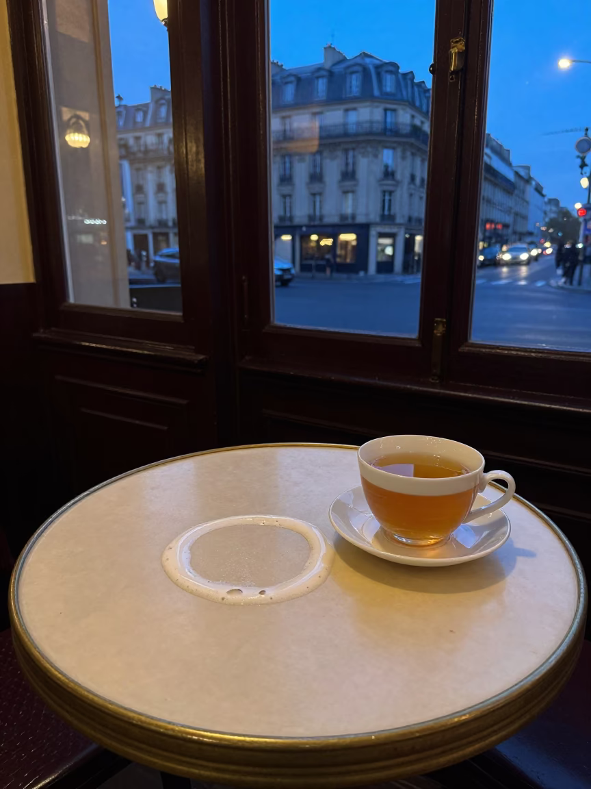 Twilight Paris Cafe Table with Soap Residue and Tea Canister in in Paris, France
