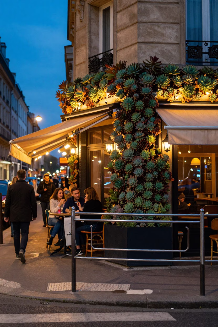 Twilight Paris Street Scene with Brushed Steel Rail and Succulent Wall Cafe Exterior in in Paris, France