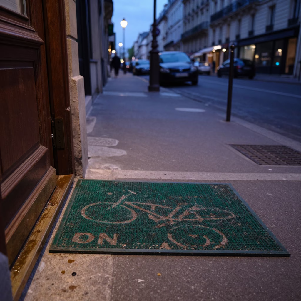 Twilight Paris Street Scene with Doormat and Grease Sheen on Doorframe in in Paris, France