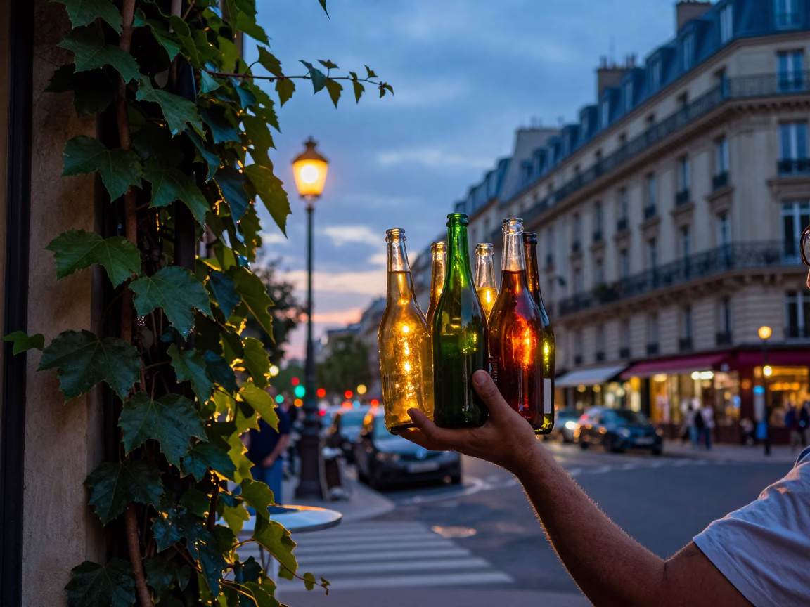 Twilight Paris Street Scene with Ivy Vines and Colored Glass Bottle in in Paris, France