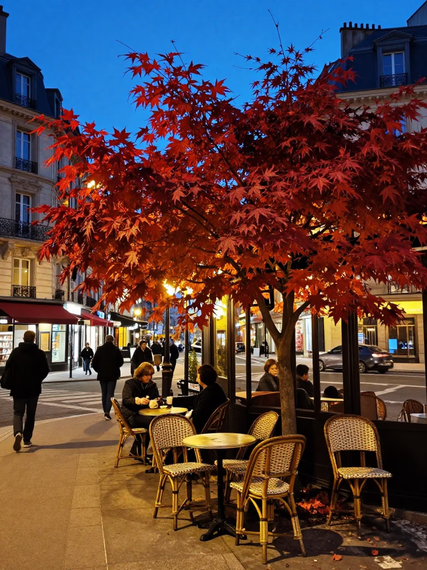 Twilight Paris Street Scene with Japanese Maple and Vintage Majolica Plate in in Paris, France