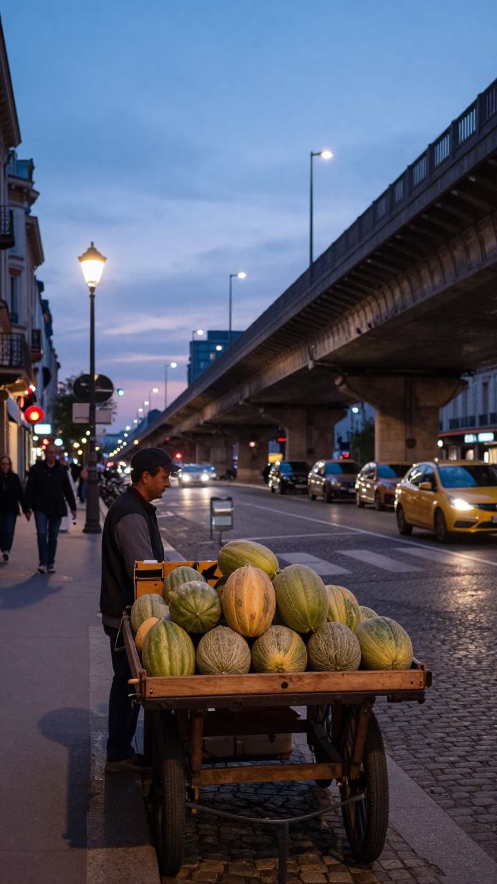 Twilight Paris Street Scene with Melons and Overpass Skyline in in Paris, France