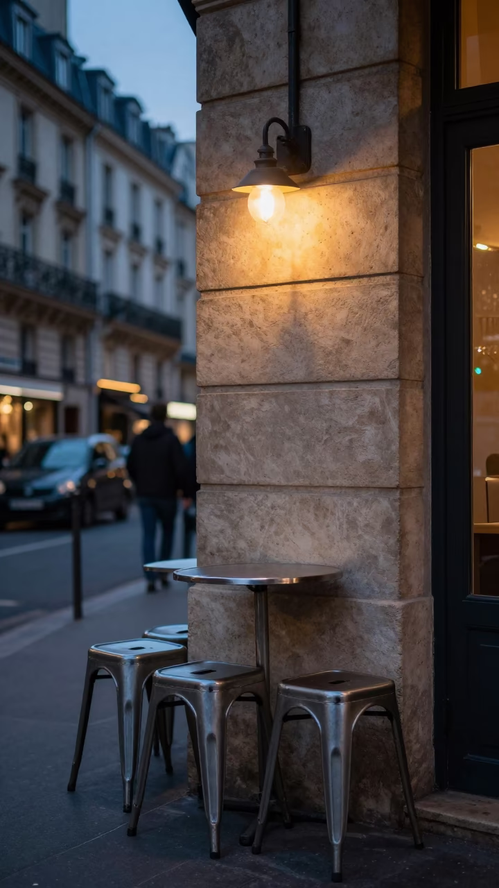 Twilight Paris Street Scene with Metal Stools and Wall Sconce in in Paris, France