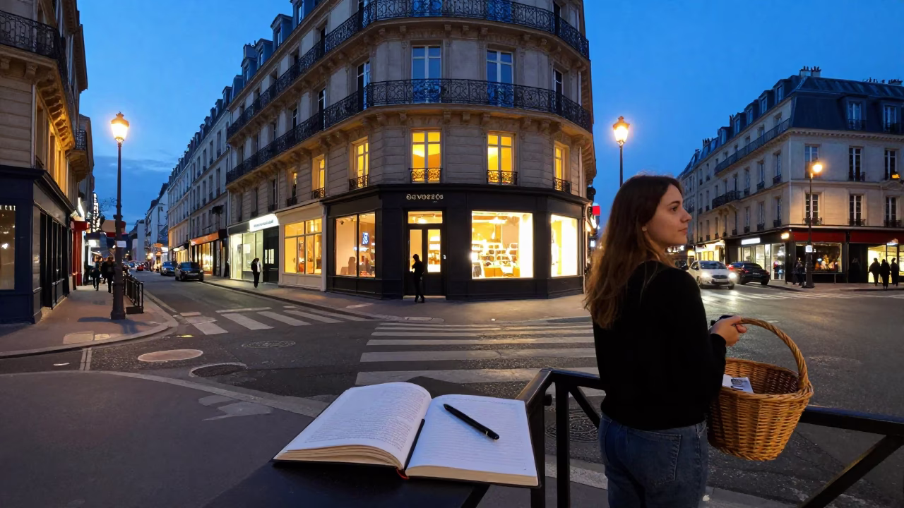 Twilight Paris Street Scene with Notebook and Wicker Basket Near Metro Station in in Paris, France
