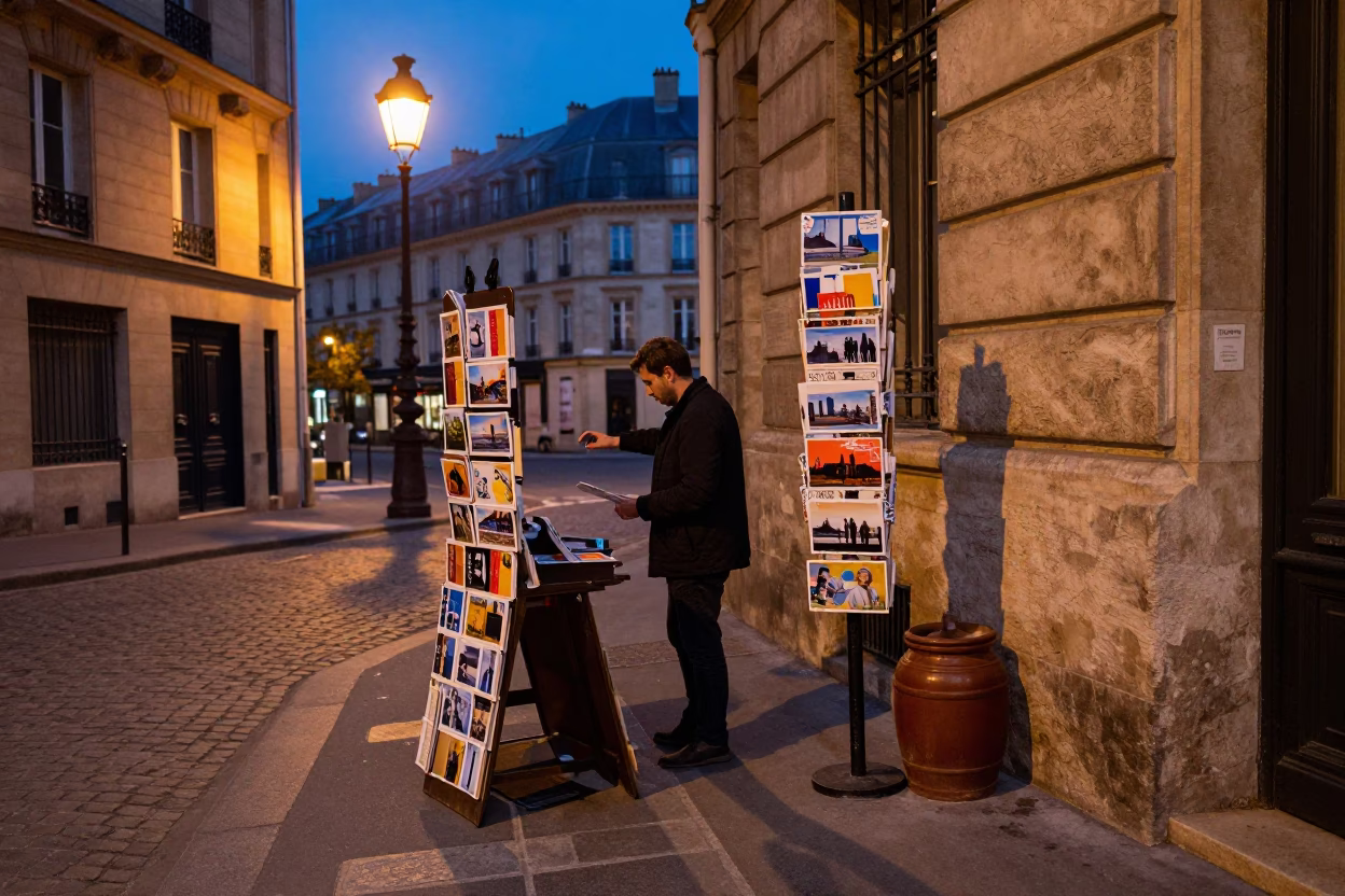 Twilight Paris Street Scene with Postcards and Jar on Cafe Table in in Paris, France
