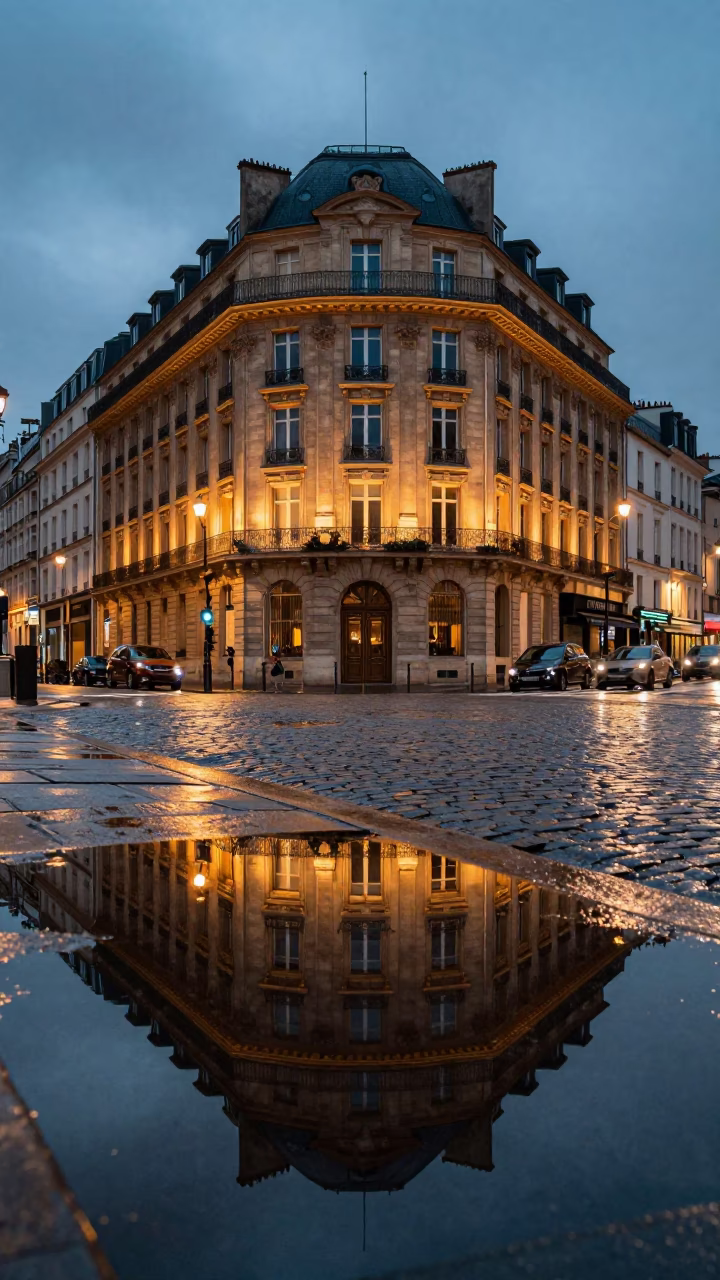 Twilight Paris Street Scene with Puddle Reflections of Hotel Windows and Tail Lights in in Paris, France