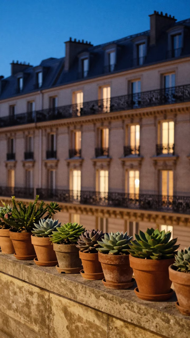 Twilight Paris Street Scene with Succulents in Terracotta Pots on Iron Balcony in in Paris, France
