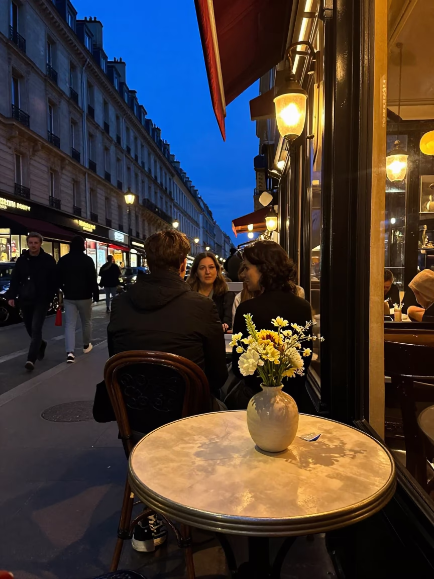 Twilight Paris Street Scene with Window Light and Vase on Table in in Paris, France