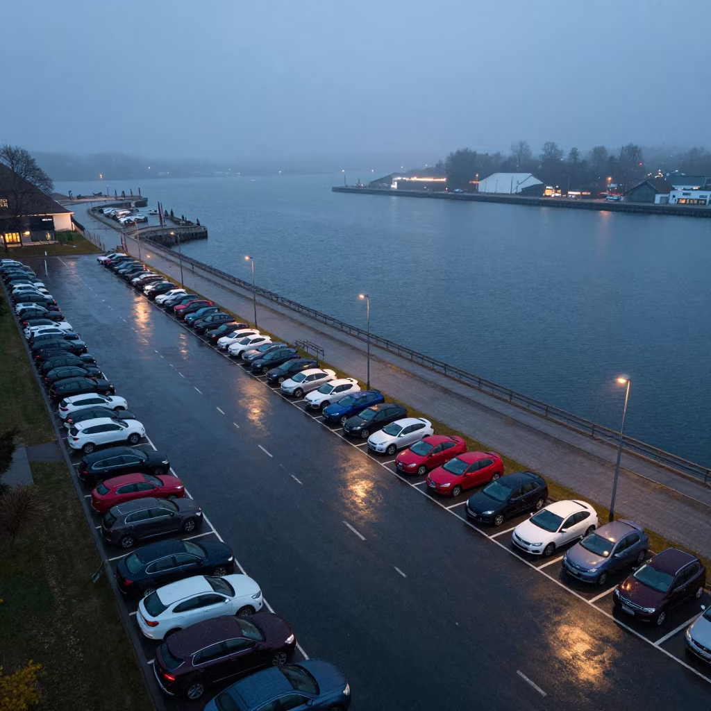 Twilight Parking Lot With Colored Cars Beside Fog Harbor in beside a fogbound harbor mouth in Saxony