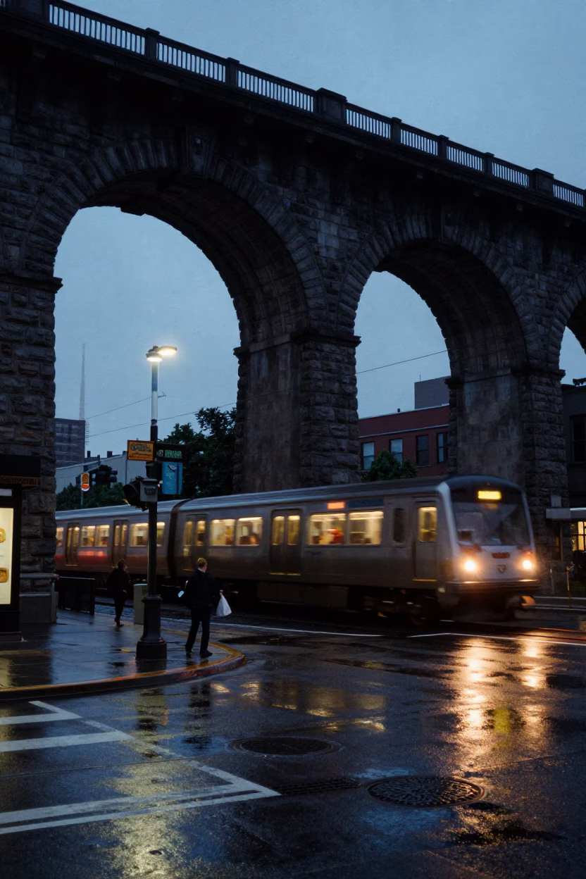 Twilight Philadelphia Street Scene with Railway Viaduct and Urban Activity in in Philadelphia, Pennsylvania, United States