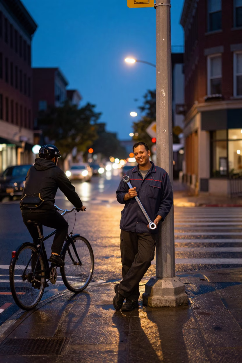 Twilight Philadelphia Street Scene with Socket Wrench and Urban Details in in Philadelphia, Pennsylvania, United States