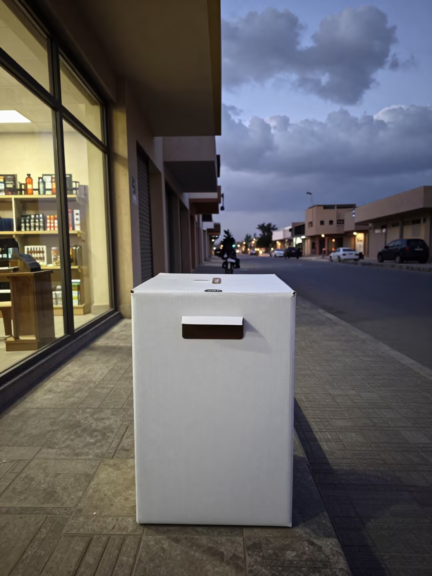 Twilight Pickup Bin Outside Qena Storefront in outside a lit retail frontage after dark in Qena