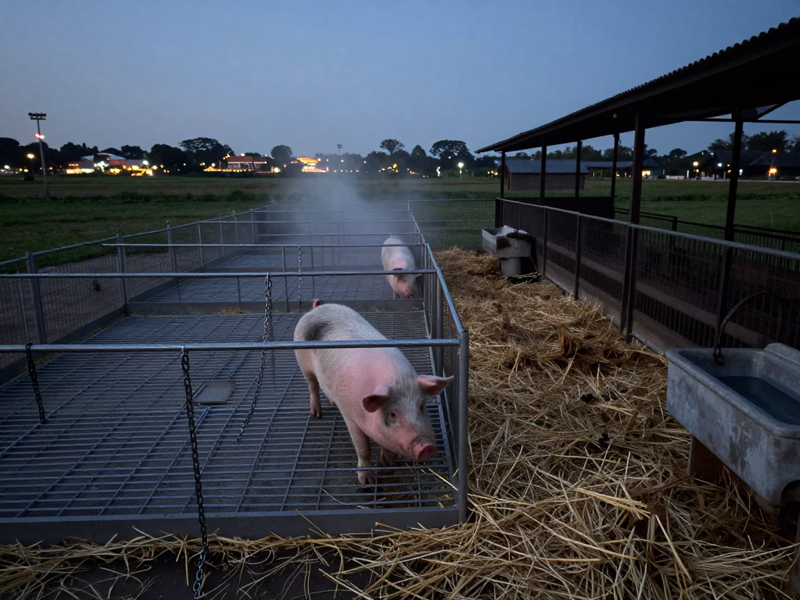 Twilight Pig Nursery with Heated Mats and Straw in near a windbreak and water trough in Singapore