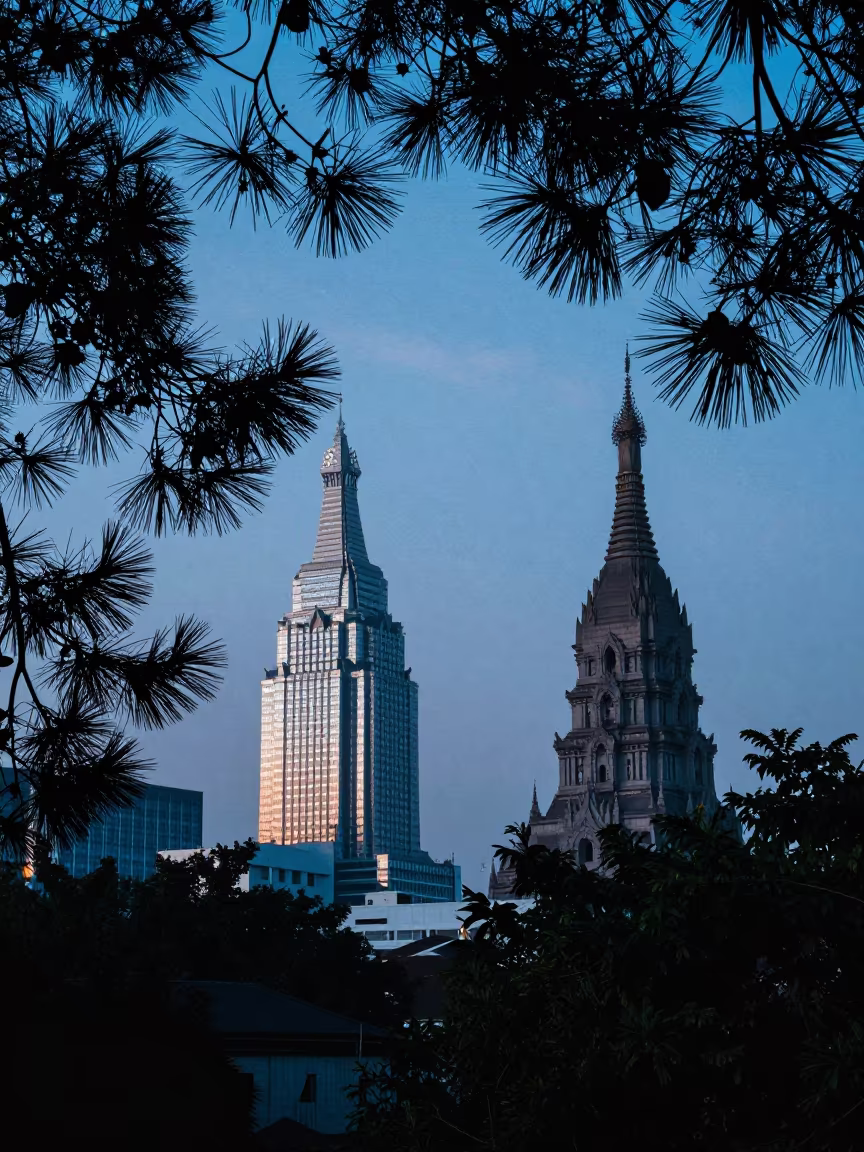 Twilight Pine and Tower Double Exposure in inside a vaulted atrium near Mandalay