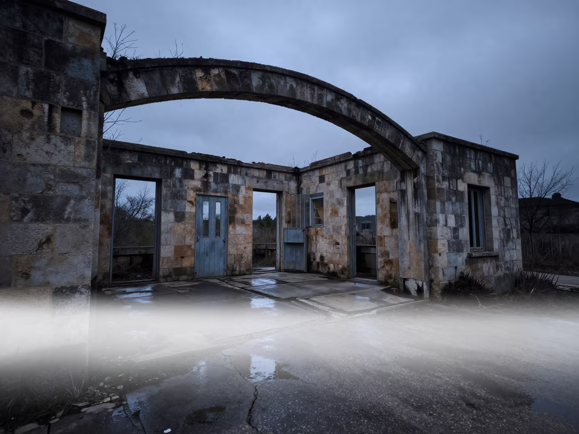 Twilight Police Station Ruin with Fog Floor in beneath a broken stone arch in the Balearic Islands