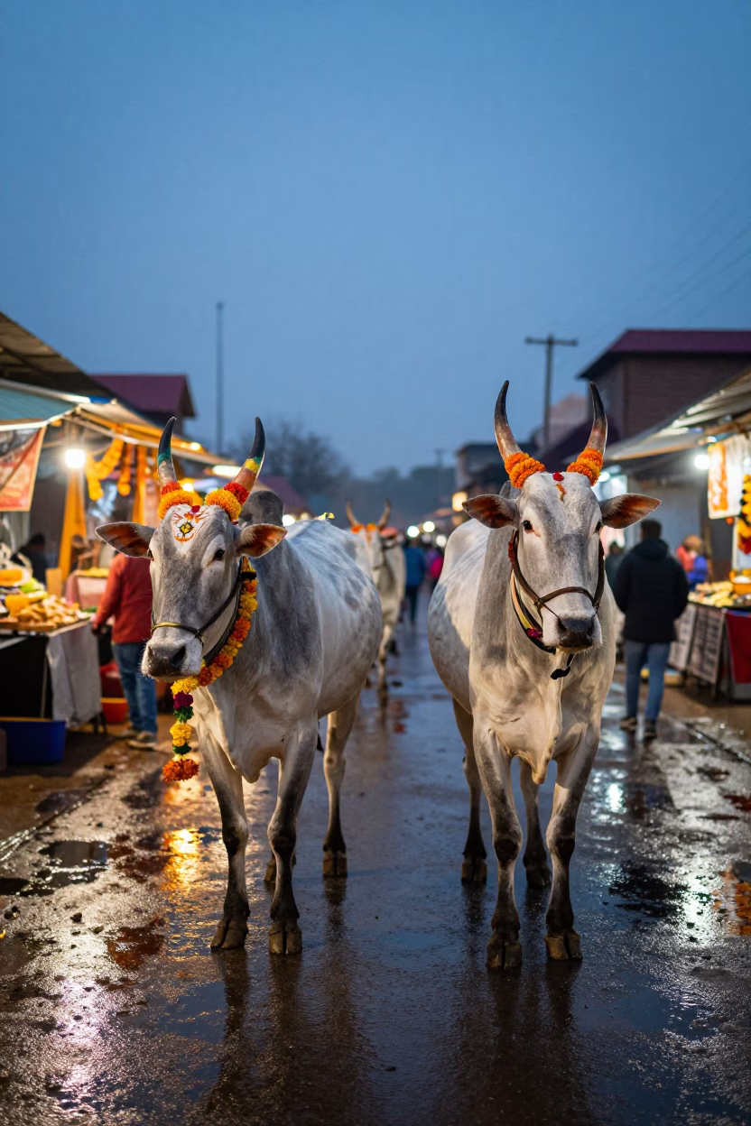 Twilight Pongal Festival Cattle Near Water in at a night market near Bradford