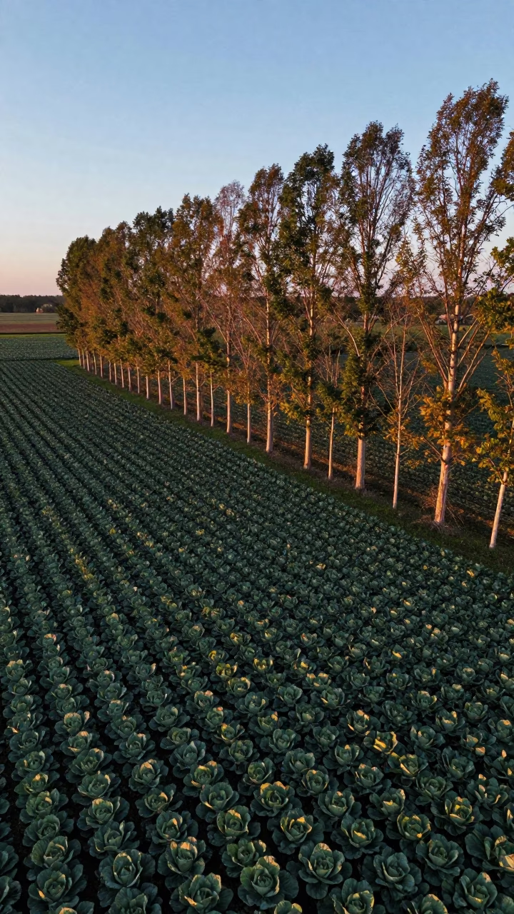 Twilight Poplar Windbreak Over Cabbage Field Michigan in at the edge of a tea plantation in Michigan