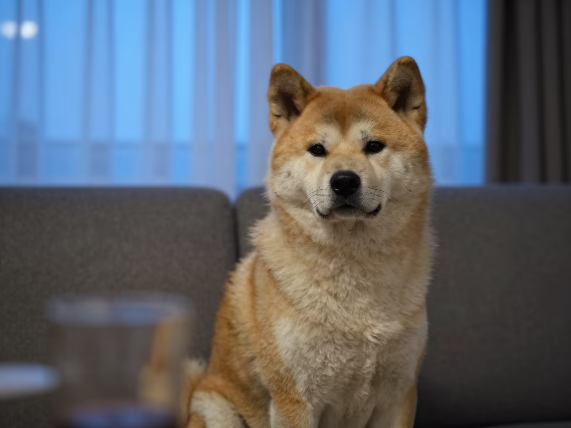 Twilight Portrait of an Akita Dog on Sofa in on a sofa near a curtained window with calm indoor light in Nottingham